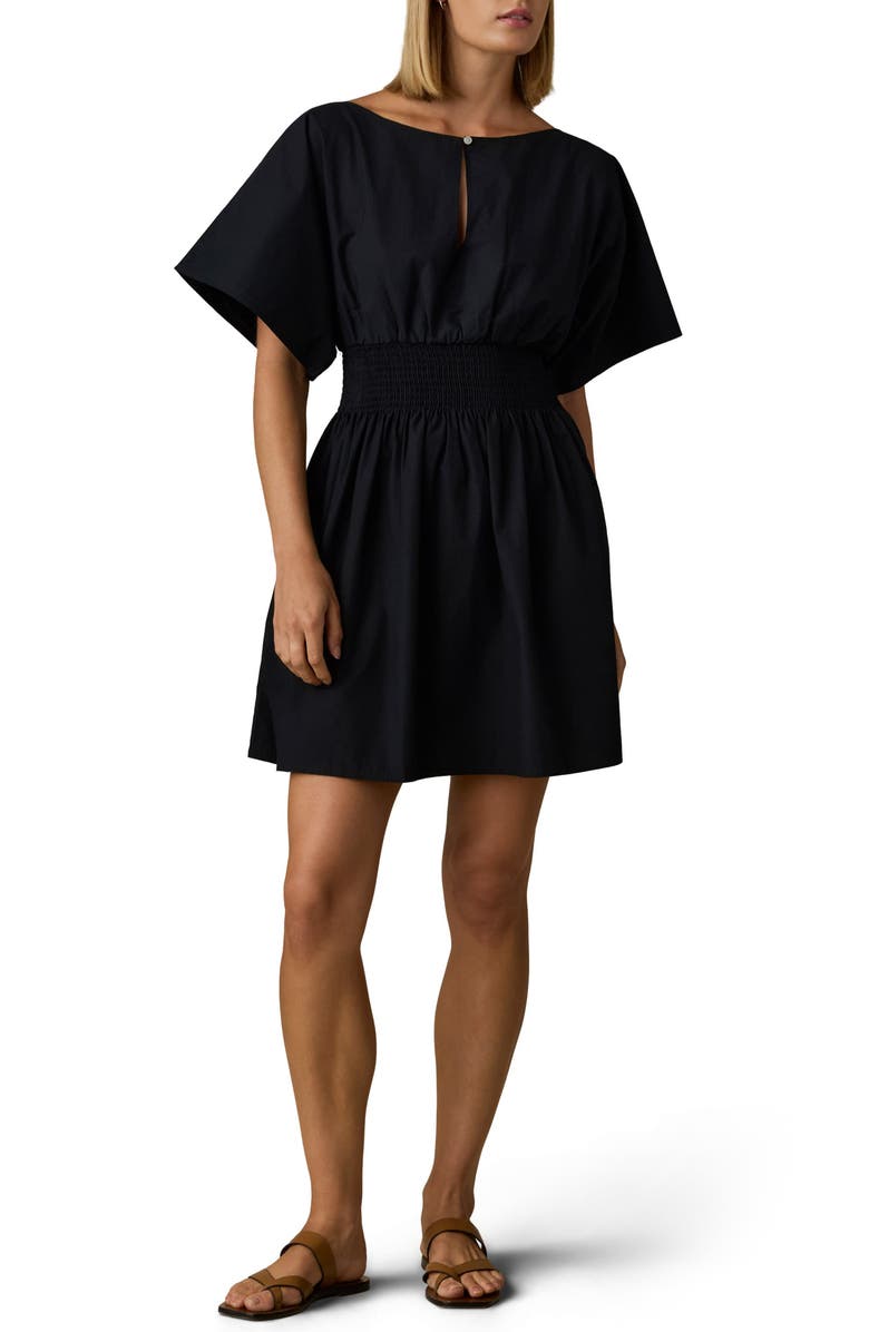 Faherty Elia Coastal Smocked Waist Organic Cotton Poplin Minidress, Main, color, Black