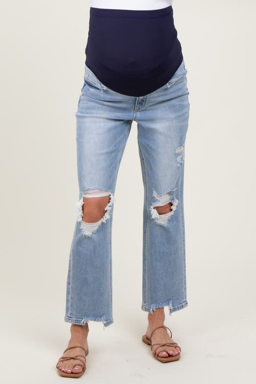 Pinkblush Distressed Cutout Maternity Straight Leg Ankle Jeans In Blue