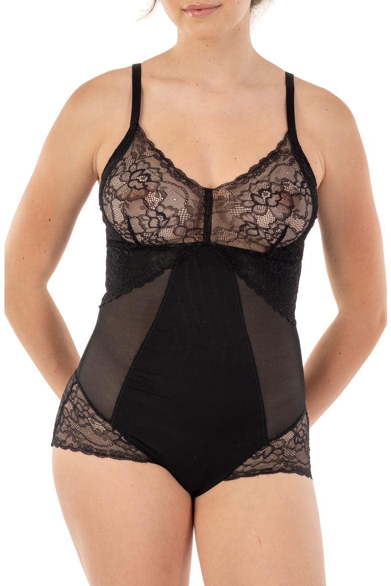 Power Mesh Front Shaping Panel Sexy Bodysuit, Main, color, BLACK