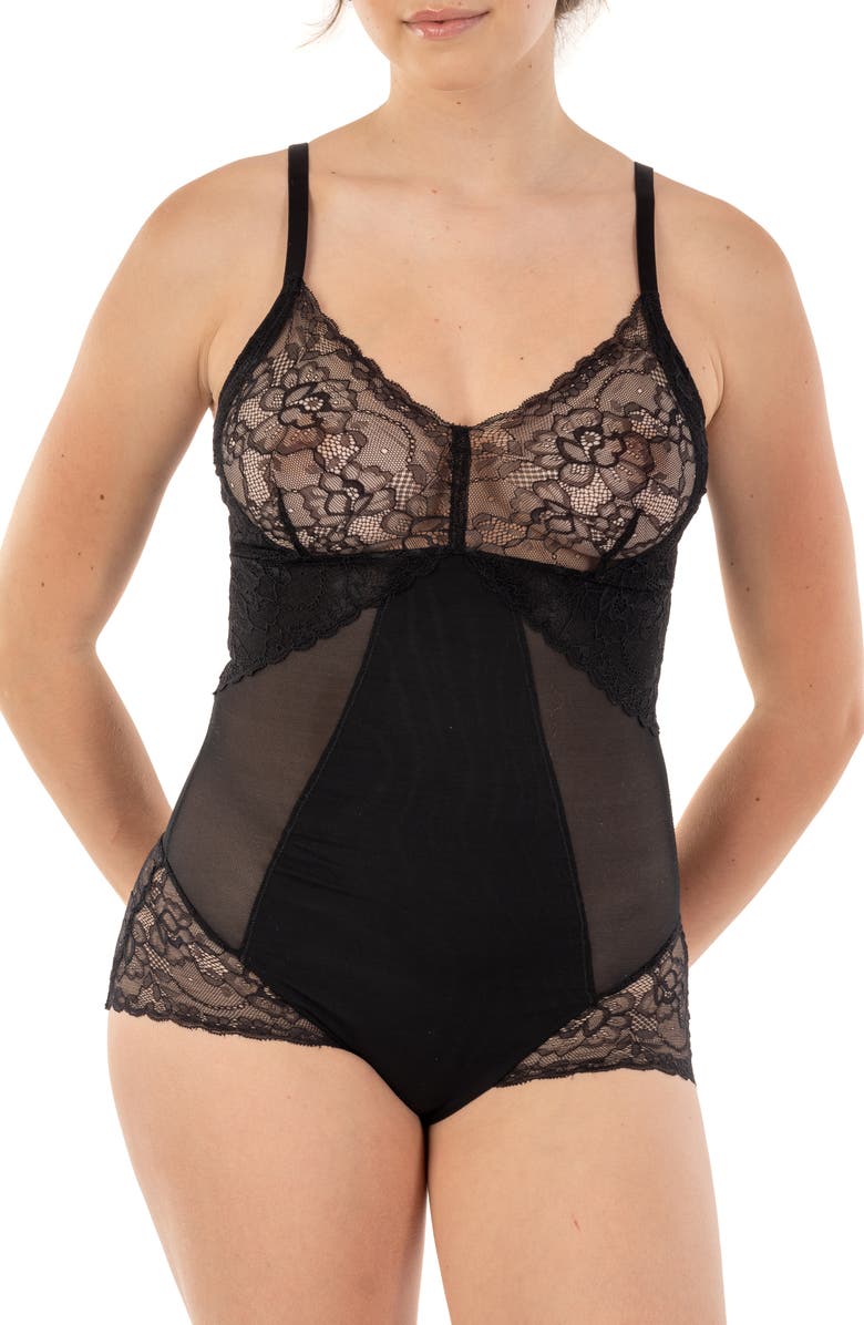BODY BEAUTIFUL Power Mesh Front Shaping Panel Sexy Bodysuit, Main, color, Black