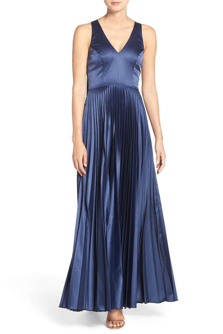 Bow Back Pleat Satin Gown, Main, color, NAVY