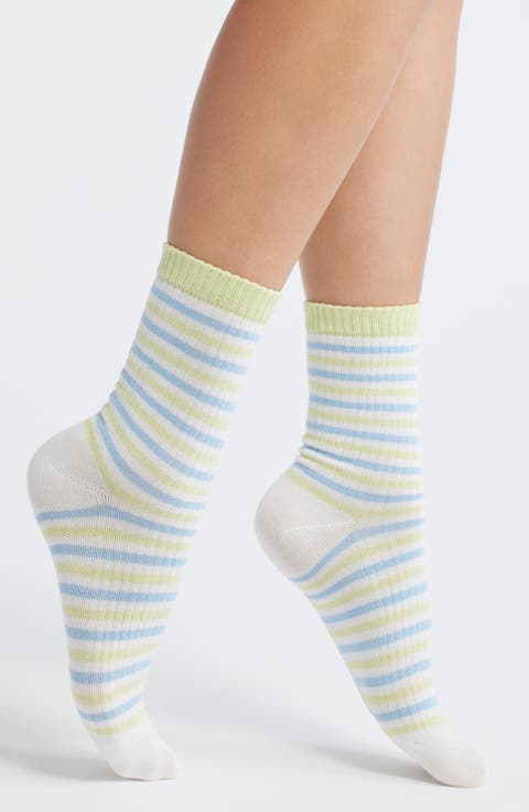 Lauren Stripe Rib Cotton Blend Crew Socks