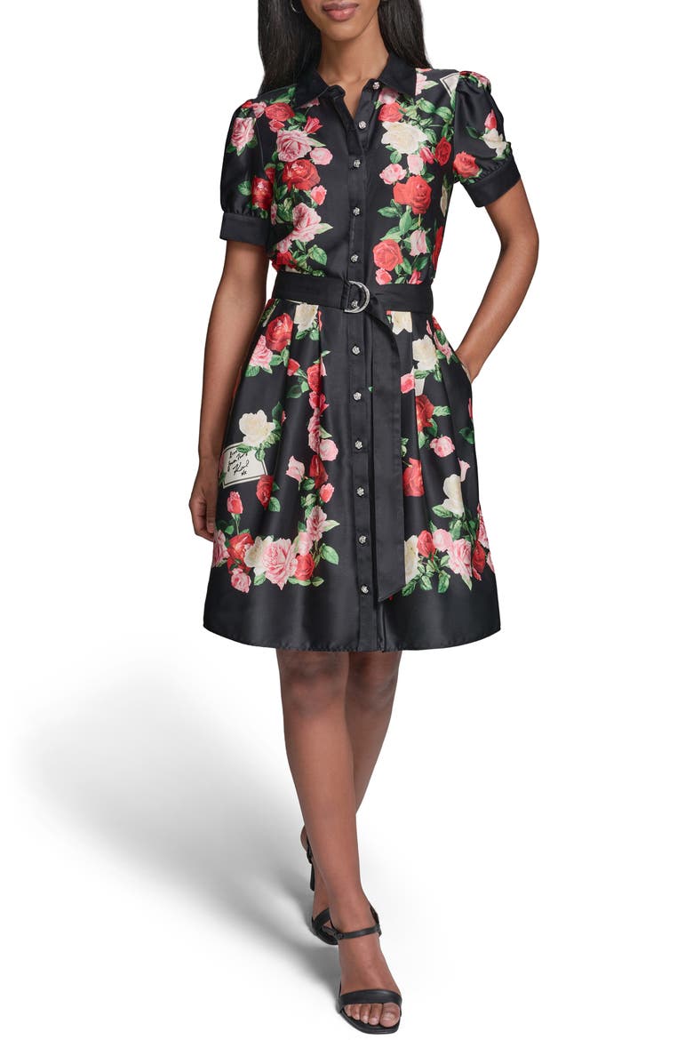 Floral Print Shirtdress, Main, color, BLACK MULTI