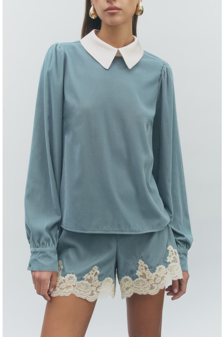 Rora Lace Hem Shorts, Alternate, color, TEAL IVORY