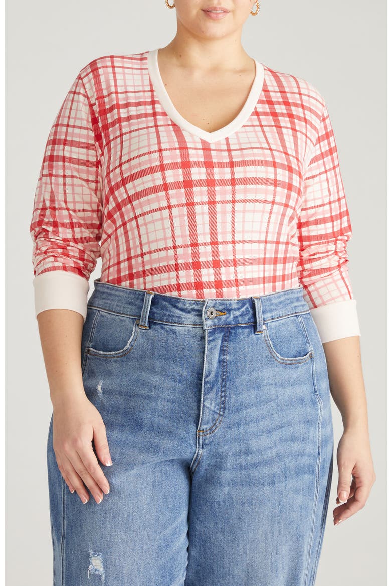Long Sleeve V-Rex Tee, Main, color, RED CHECK PRINT