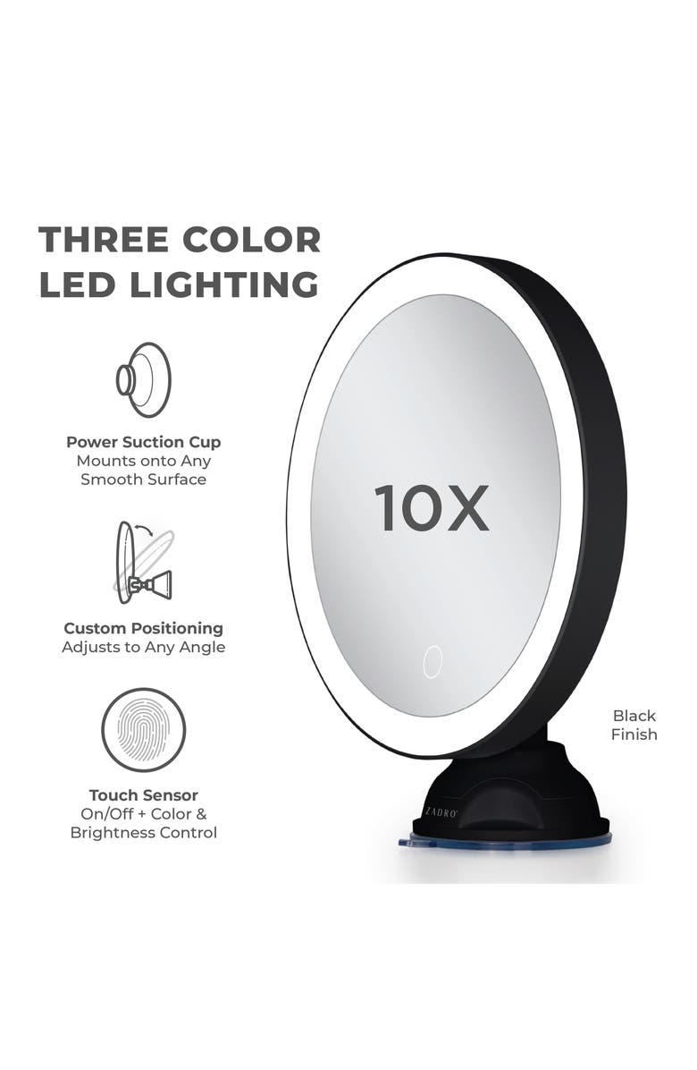 Zadro Lighted Wall Mounted Suction Cup Makeup Mirror with 10X Magnification, Alternate, color, Black