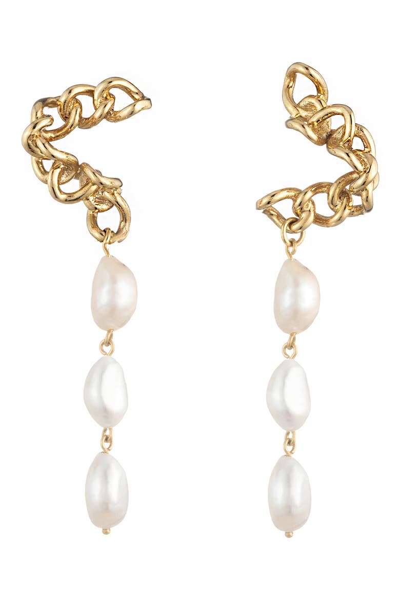 Warp Chain Freshwater Pearl Drop Earrings, Main, color, GOLD