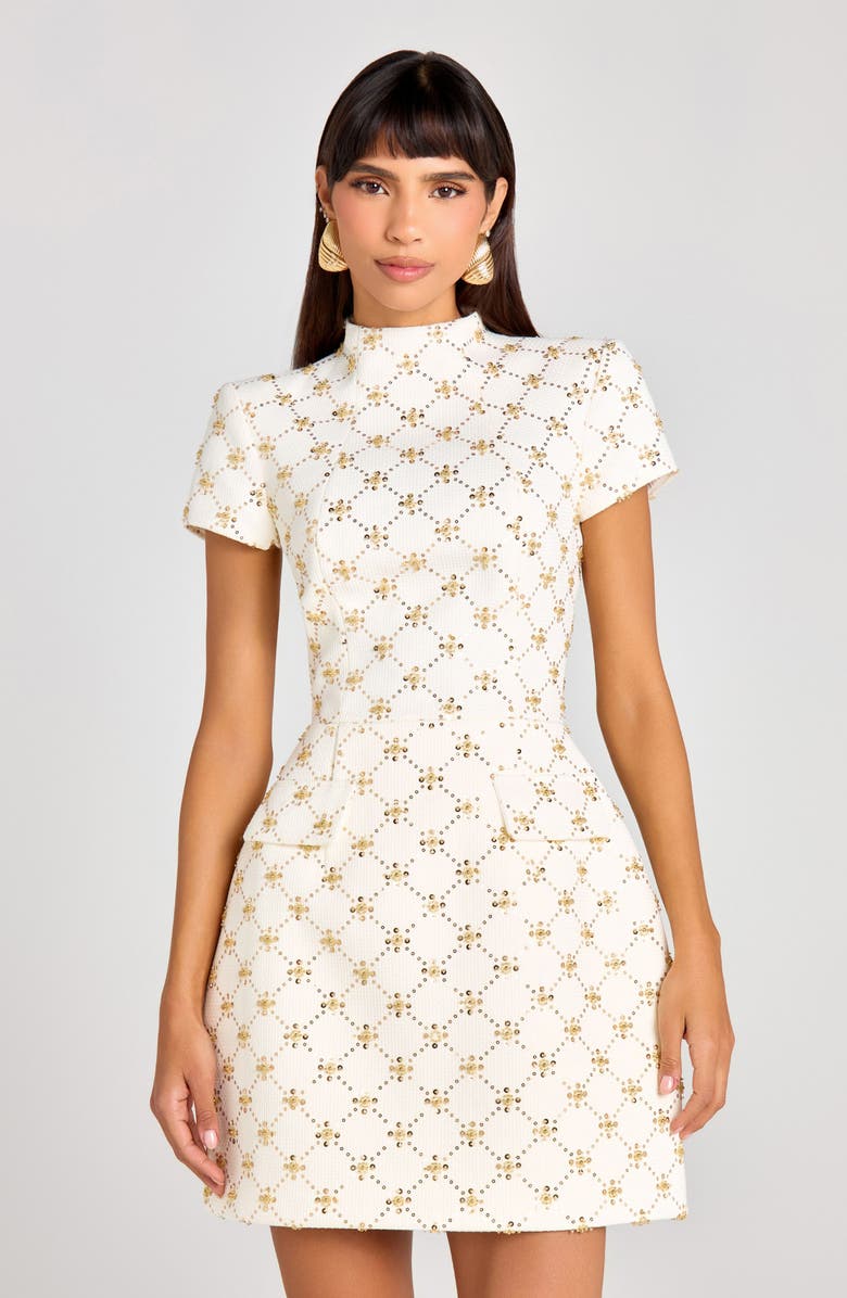 NADINE MERABI Morgan Bead Diamond Print Cocktail Minidress, Alternate, color, Cream