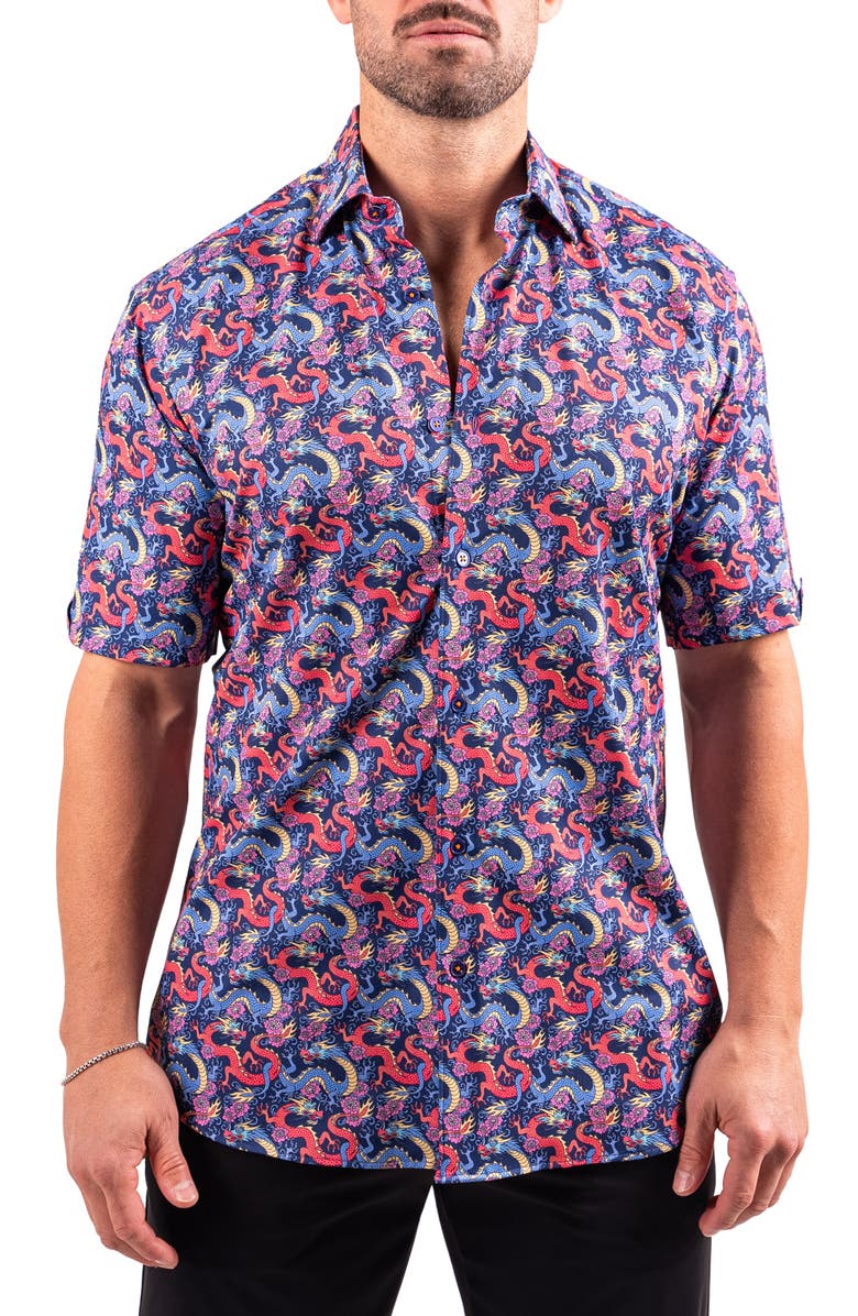 Maceoo Galileo Resistance2210 Black Dragon Print Short Sleeve Cotton Button-Up Shirt, Main, color, 