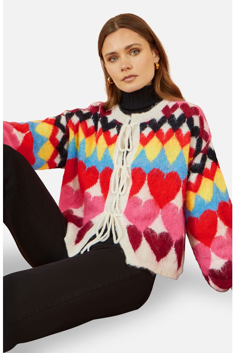 Tie Front Heart Intarsia Cardigan, Alternate, color, Multi