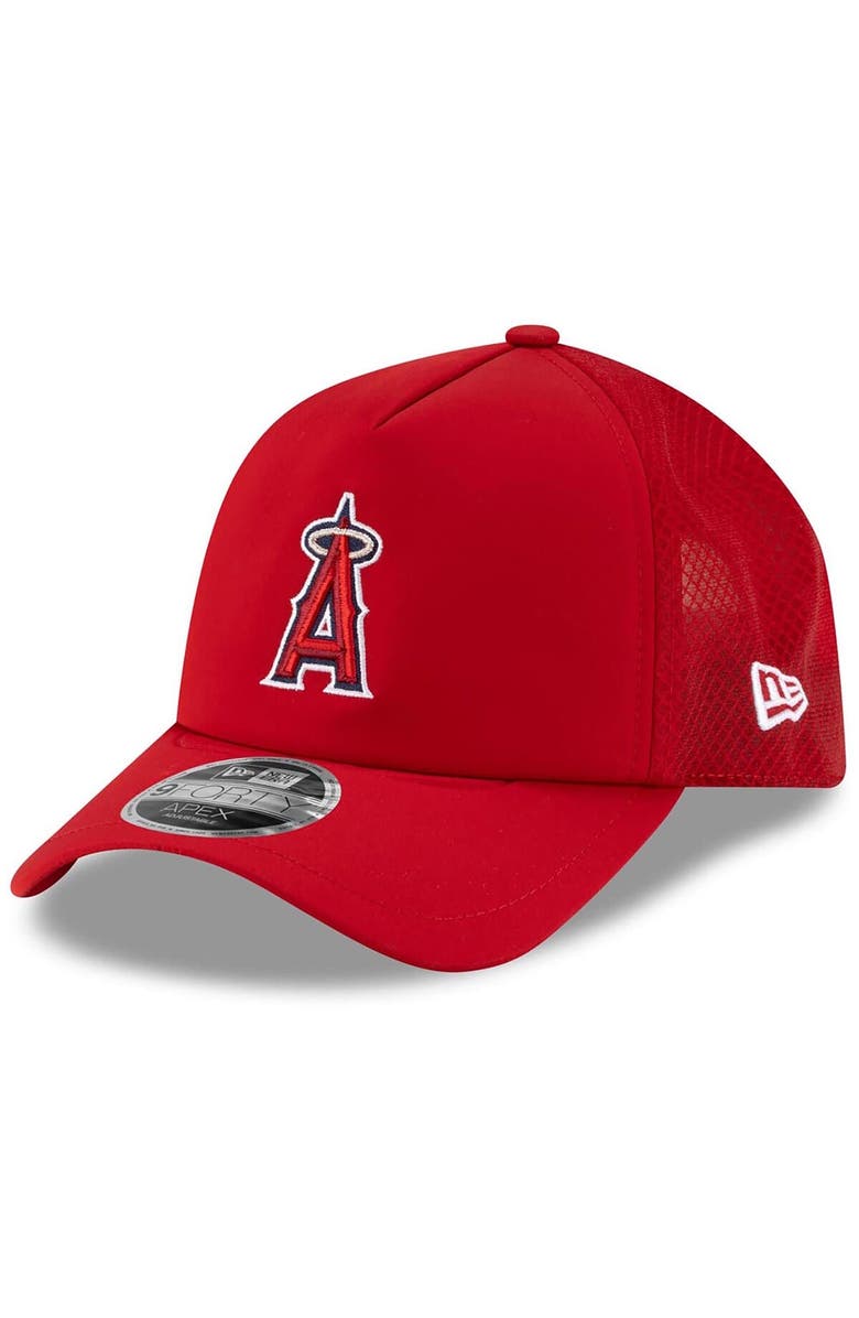 New Era Men's New Era Red Los Angeles Angels 2026 Batting Practice Apex 9FORTY Adjustable Trucker Hat, Main, color, Red