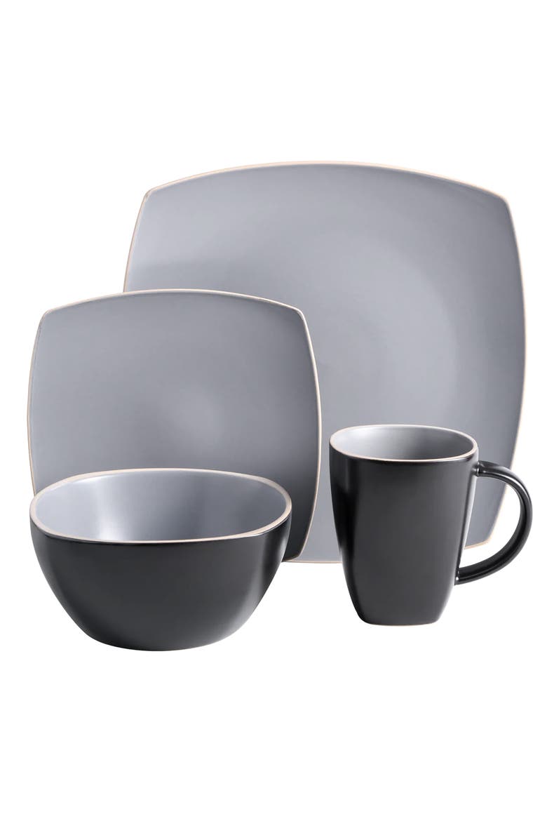 16 Piece Soft Square Stoneware Dinnerware Set, Alternate, color, Grey