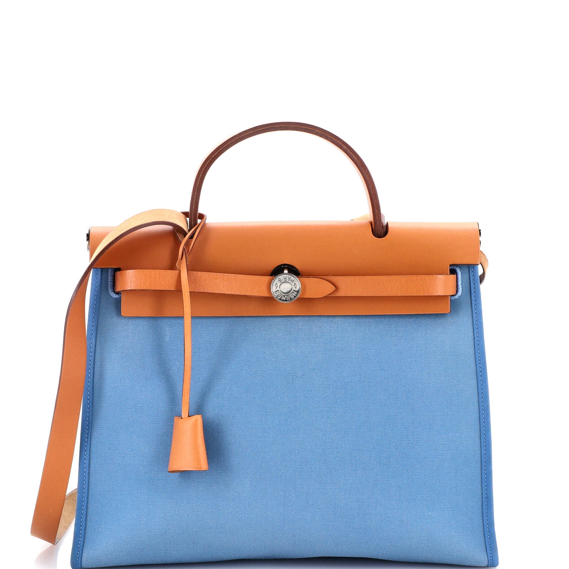 Pre-Owned Hermes Herbag Zip Leather and Toile 31, Main, color, Azur