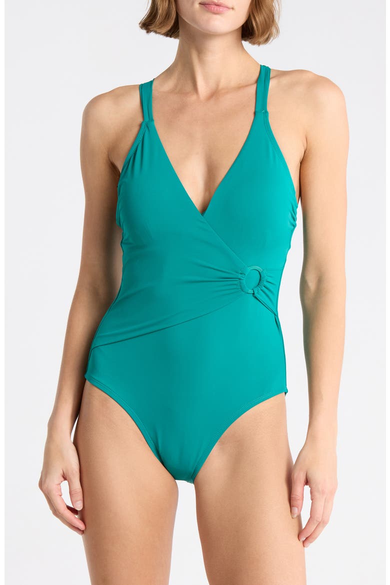 Gina Surplice One-Piece Swimsuit, Main, color, EMERALD