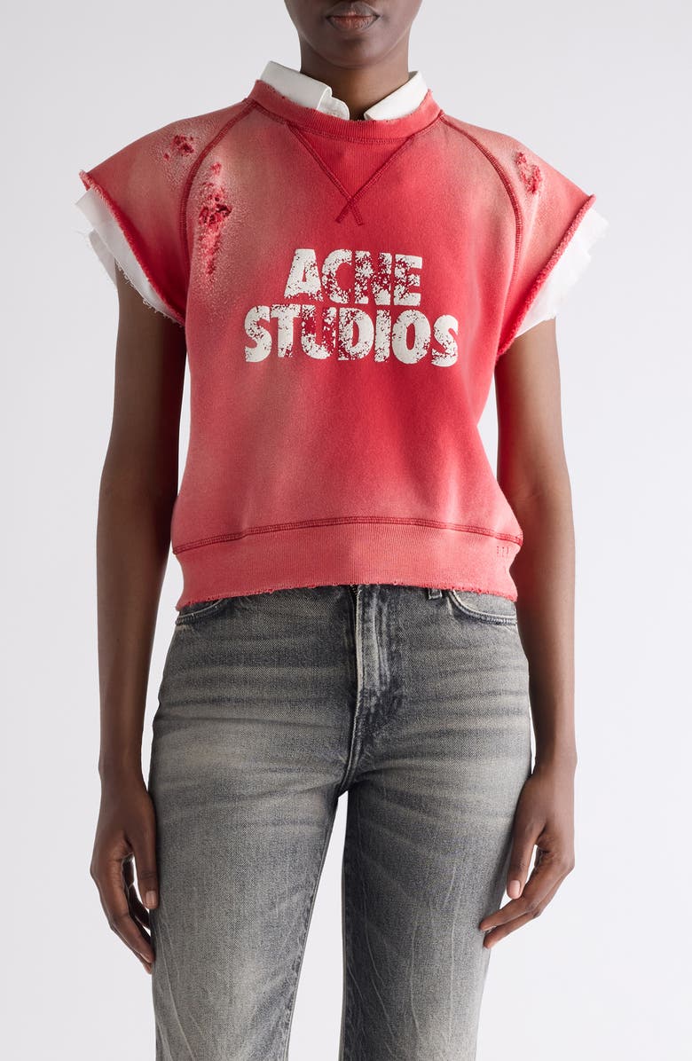 Acne Studios Mixed Media Distressed Cap Sleeve Logo Graphic Sweatshirt, Main, color, Red/ White