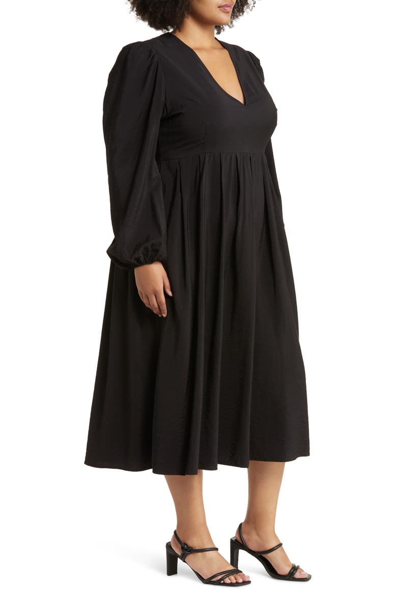 Pleat Puff Shoulder Long Sleeve Dress, Alternate, color, BLACK