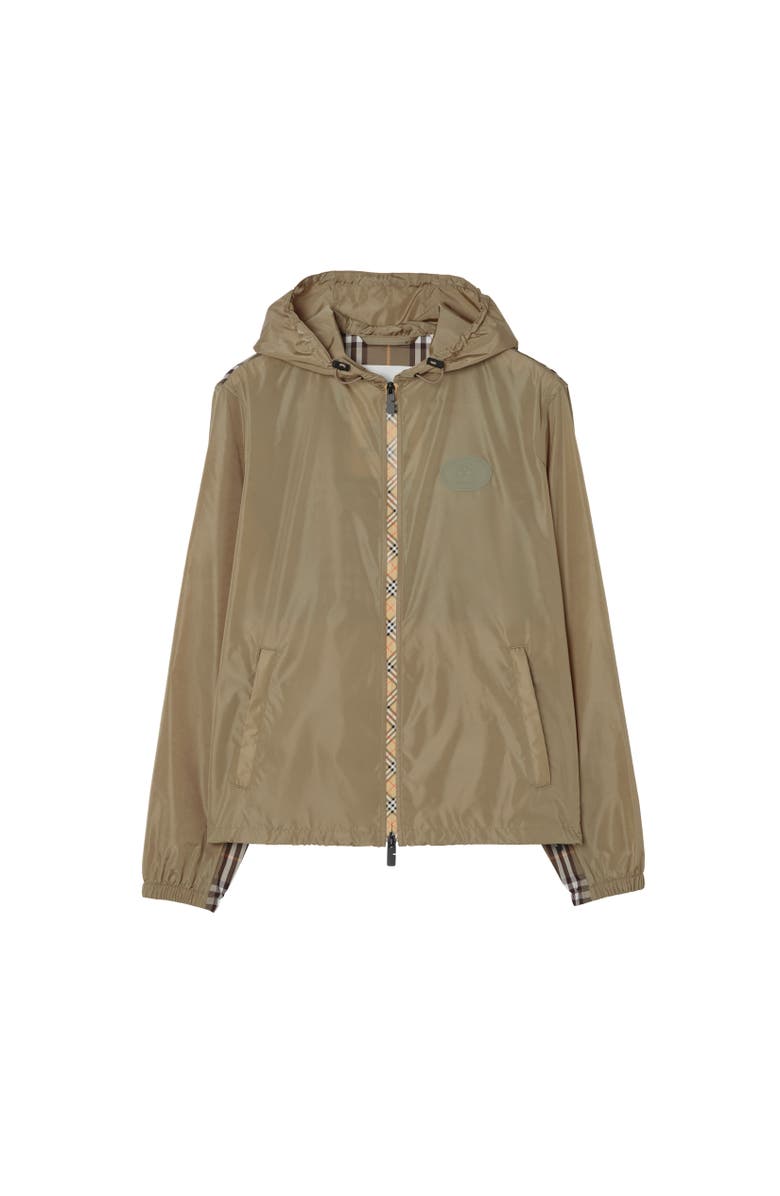 Burberry Check Trim Nylon Hooded Jacket, Alternate, color, Finch Brown