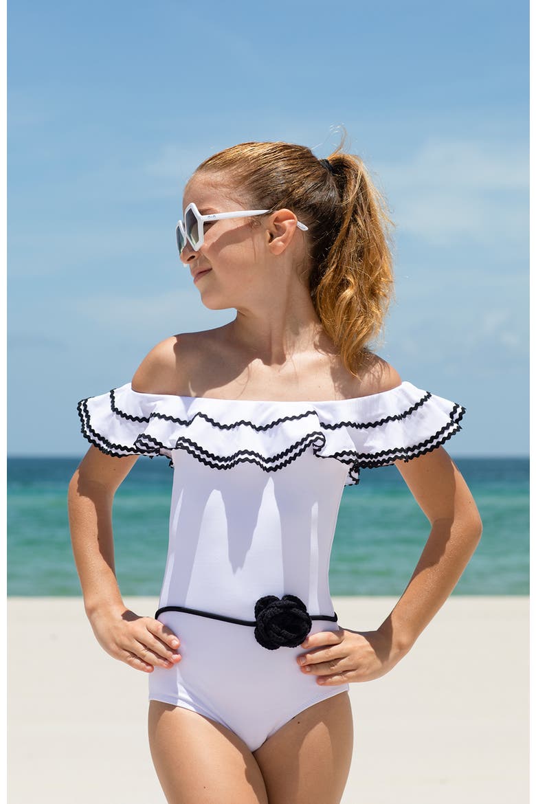 Kids' Off Shoulder Black Crochet Flower Belt One-Piece Swimsuit, Alternate, color, White
