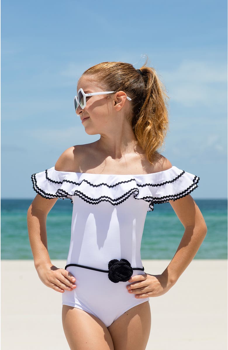 NESSI BYRD Kids' Off Shoulder Black Crochet Flower Belt One-Piece Swimsuit, Alternate, color, White