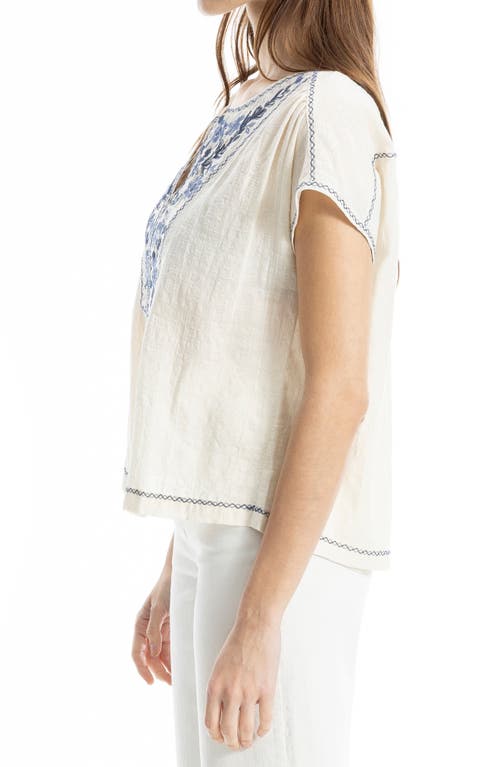 Max Studio Embroidered Short Sleeve Cotton Blend Top In Gray