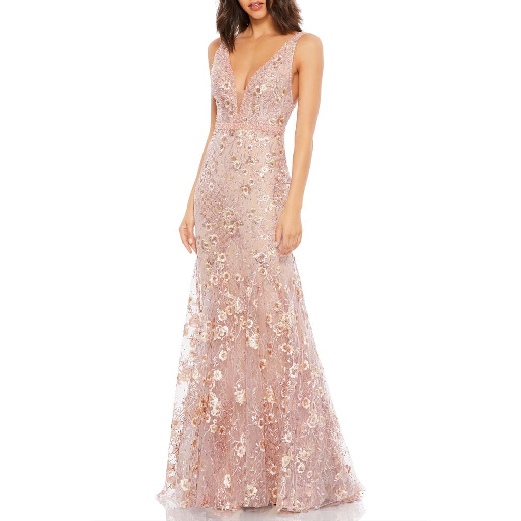 Mac Duggal Floral Embellished Sleeveless Plunge Neck Gown In Rose Pink