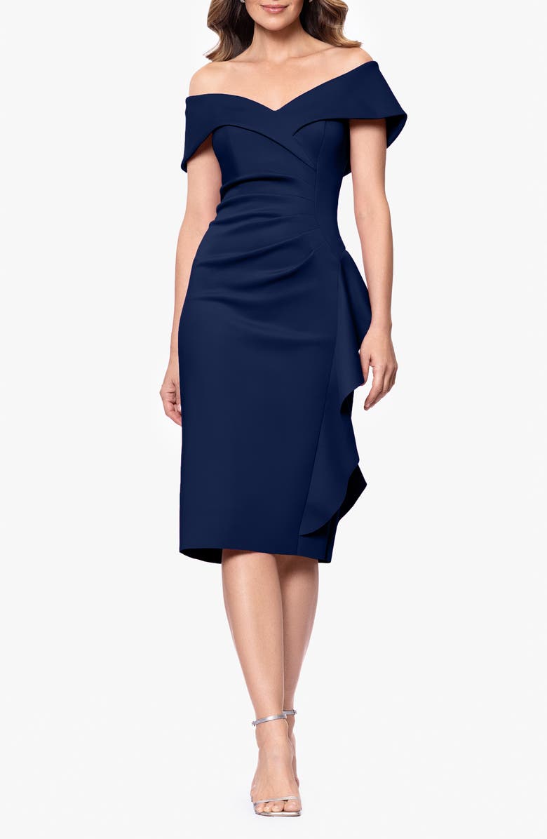 Xscape Evenings Cascade Ruffle Off the Shoulder Scuba Crepe Cocktail Midi Dress, Main, color, Midnight
