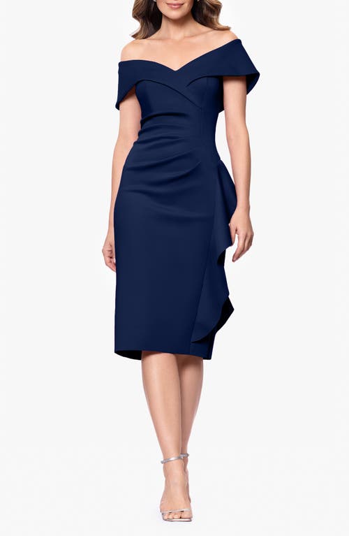 Xscape Evenings Cascade Ruffle Off The Shoulder Scuba Crepe Cocktail Midi Dress In Midnight