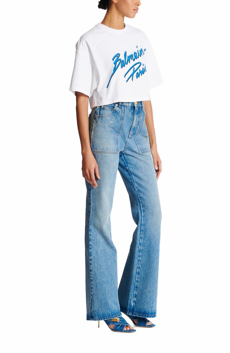 Balmain Cropped T-Shirt With Flocked Balmain Letter Logo, Alternate, color, White