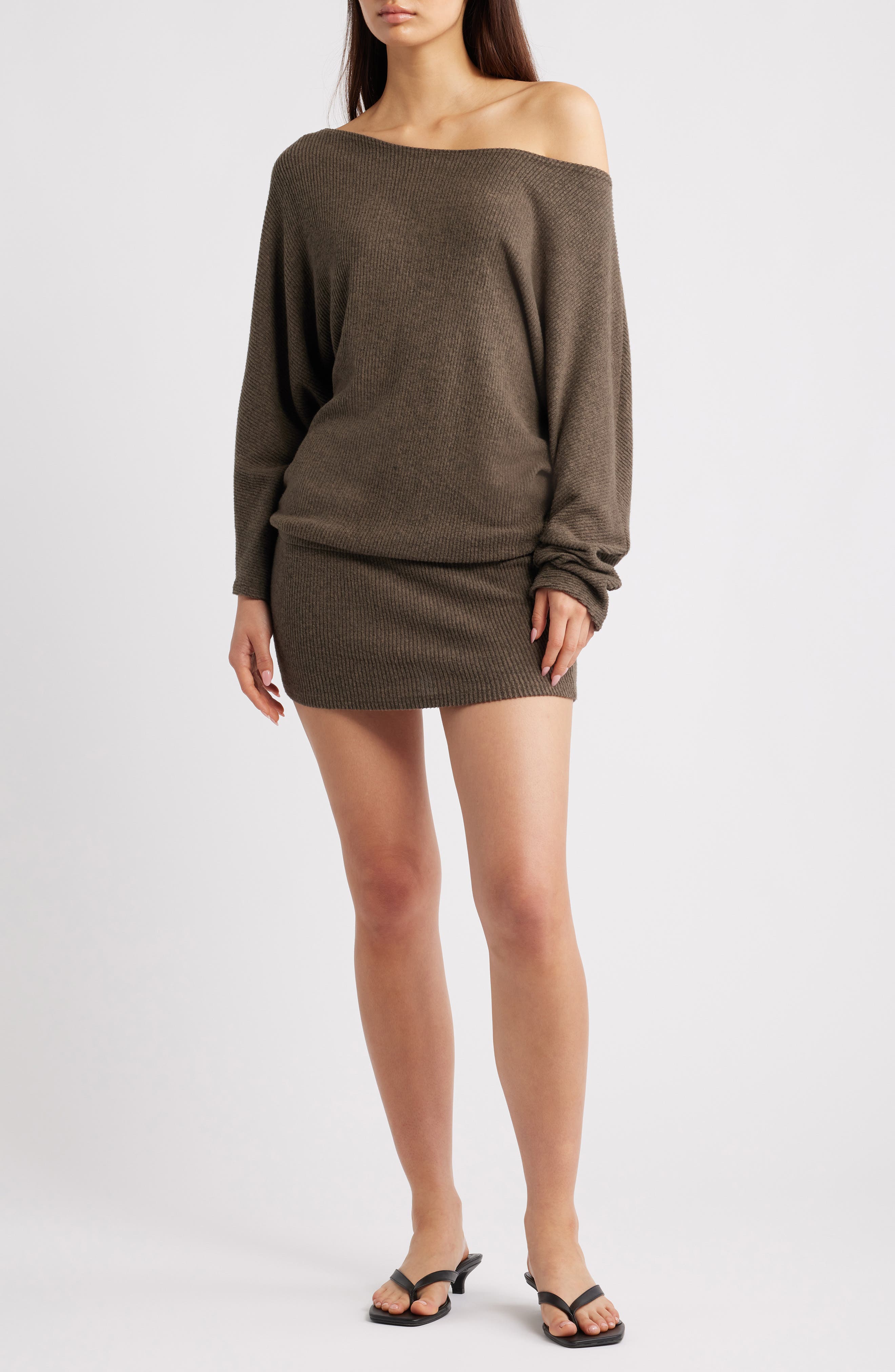 Bella Venice The Izzy Off the Shoulder Long Sleeve Sweater Minidress in Olive 