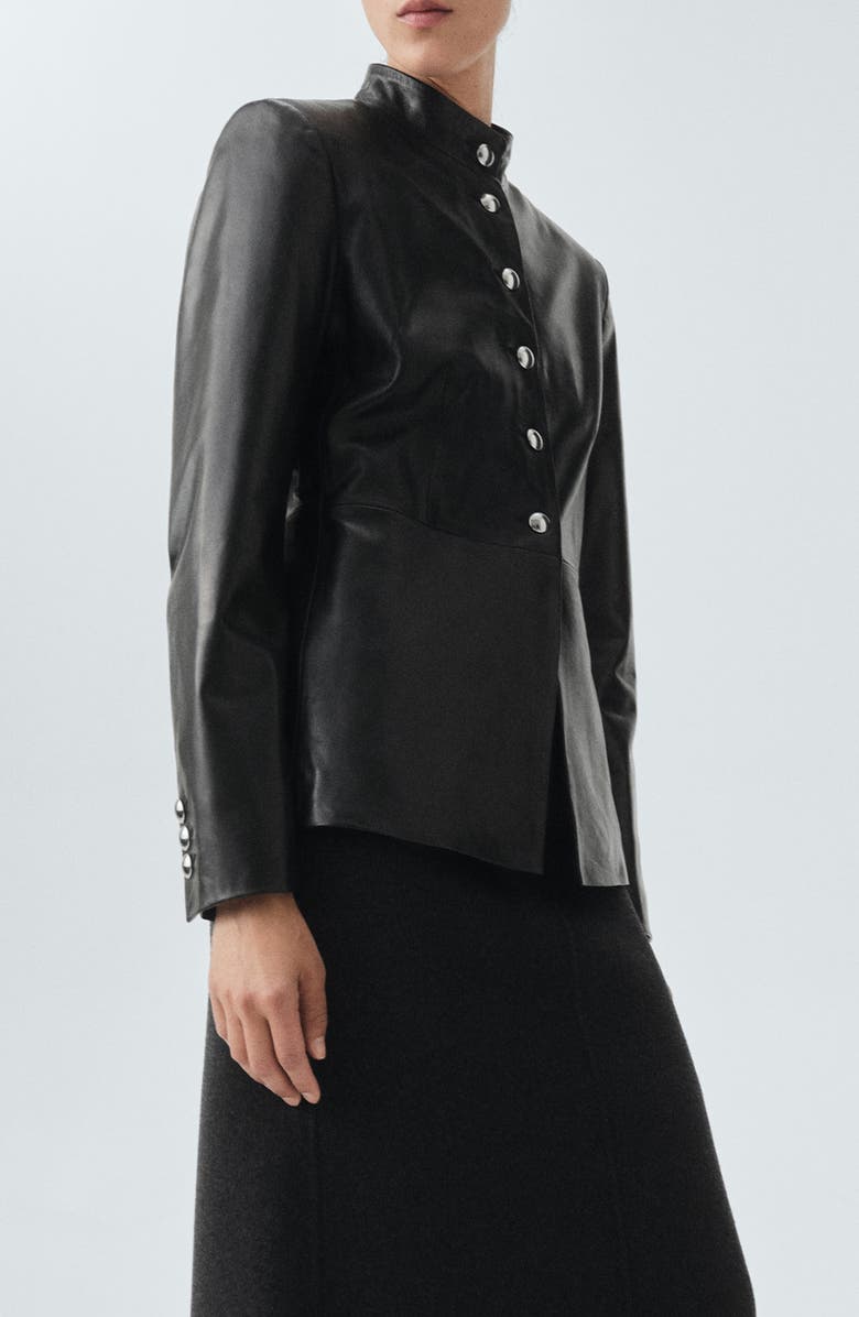 MANGO Selection Band Collar Leather Jacket, Alternate, color, Black