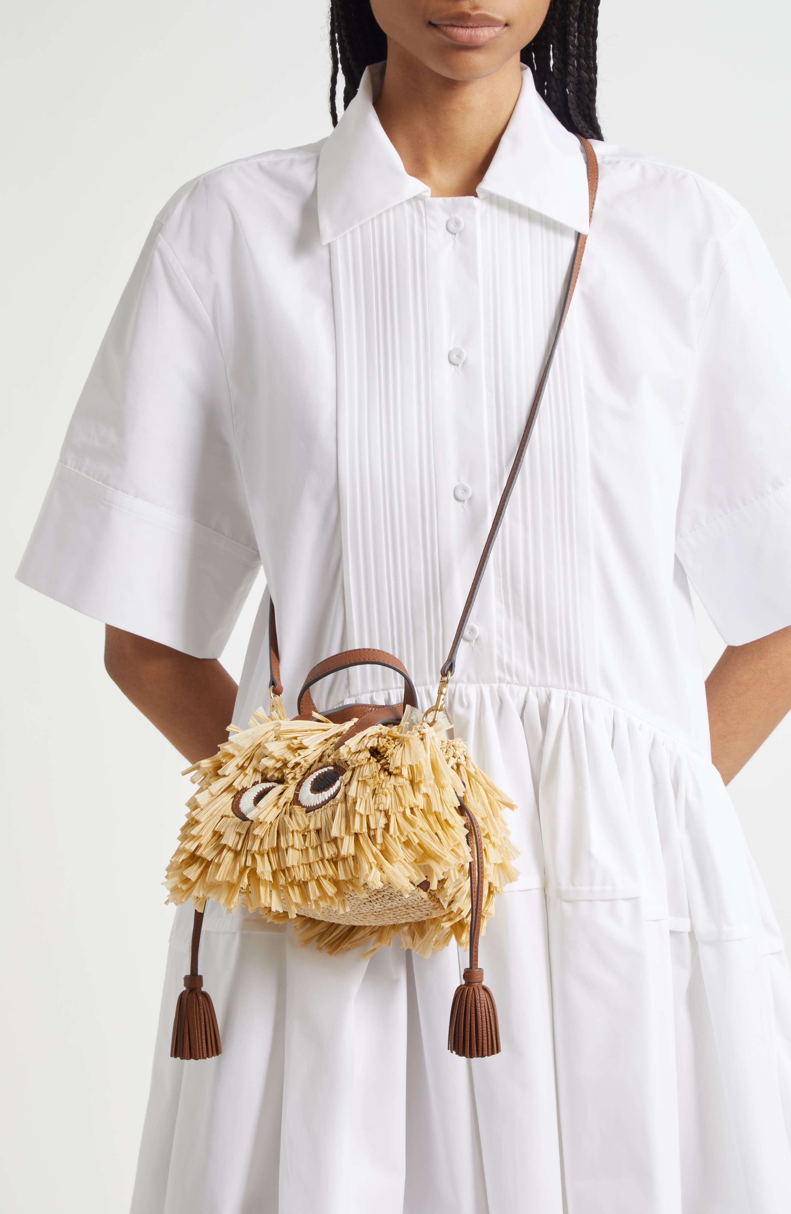Anya Hindmarch Small Eyes Raffia Drawstring Bucket Bag, Alternate, color, 