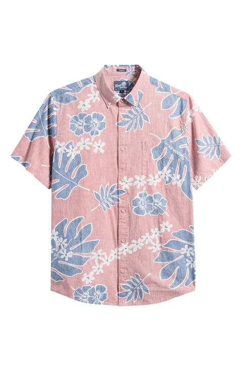 Old School Floral Short Sleeve Button-Down Cotton Sport Shirt