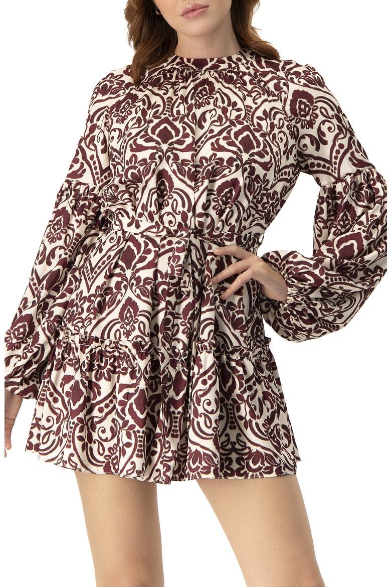 Puff Sleeve Abstract Print Short Dress, Alternate, color, Wine
