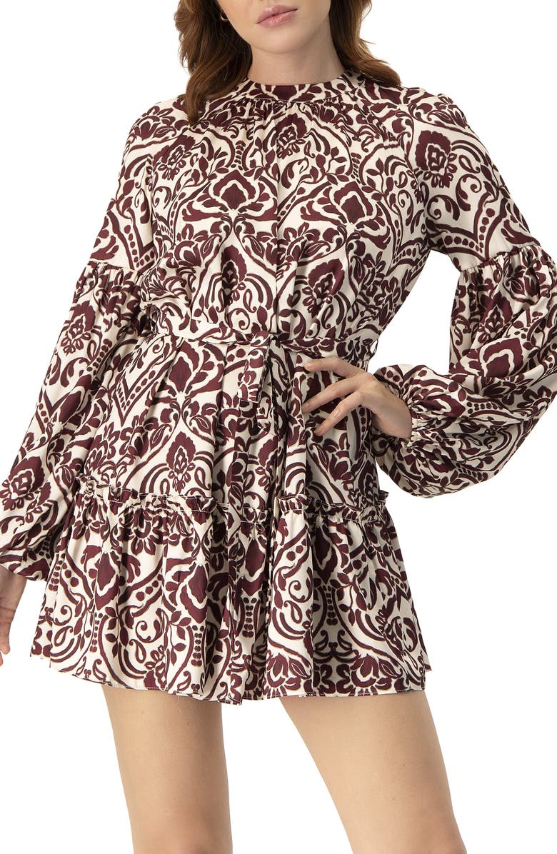 IVONNE Puff Sleeve Abstract Print Short Dress, Alternate, color, Wine