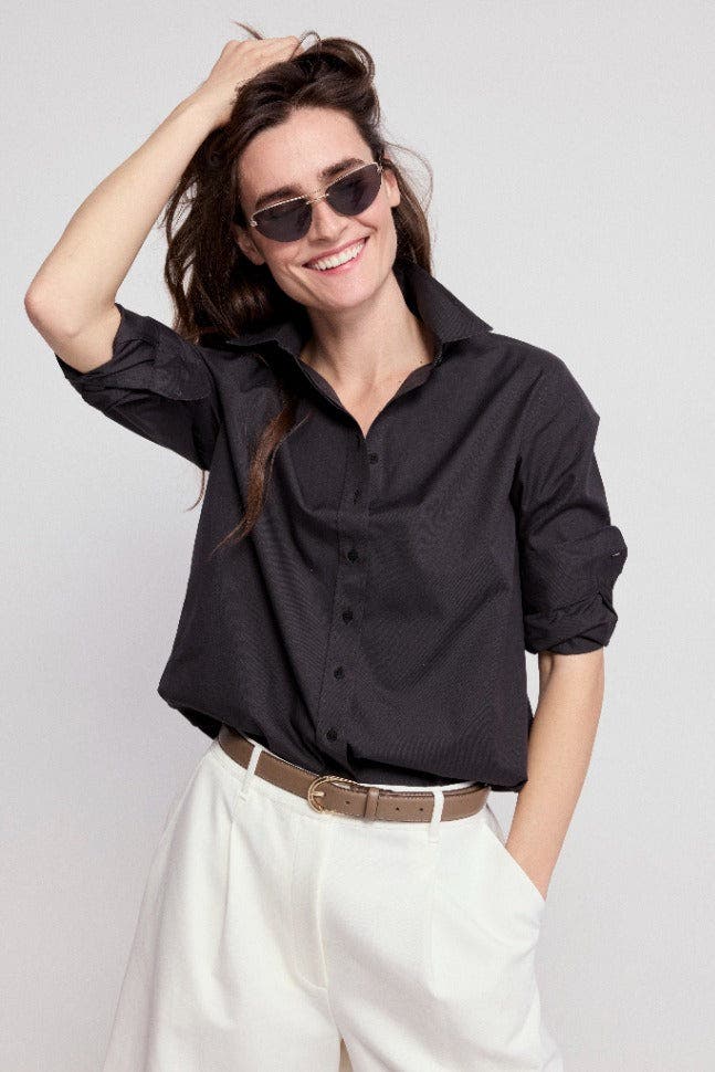 The Shirt By Rochelle Behrens The Jet Set Boyfriend Shirt In Black