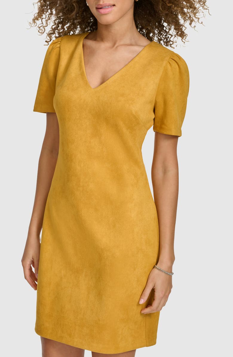 Kensie Stretch Faux Suede Shift Minidress, Alternate, color, Canary