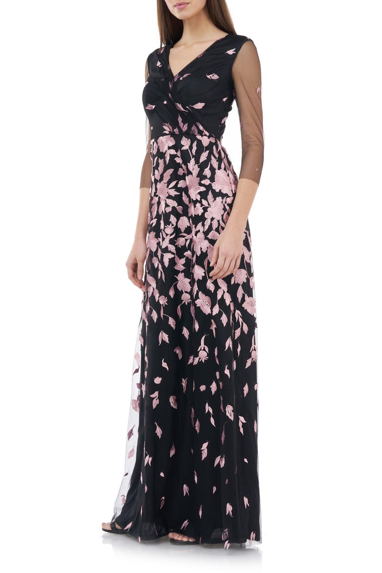 JS Collection Floral Embroidered A-Line Gown, Alternate, color, BLUSH BLACK