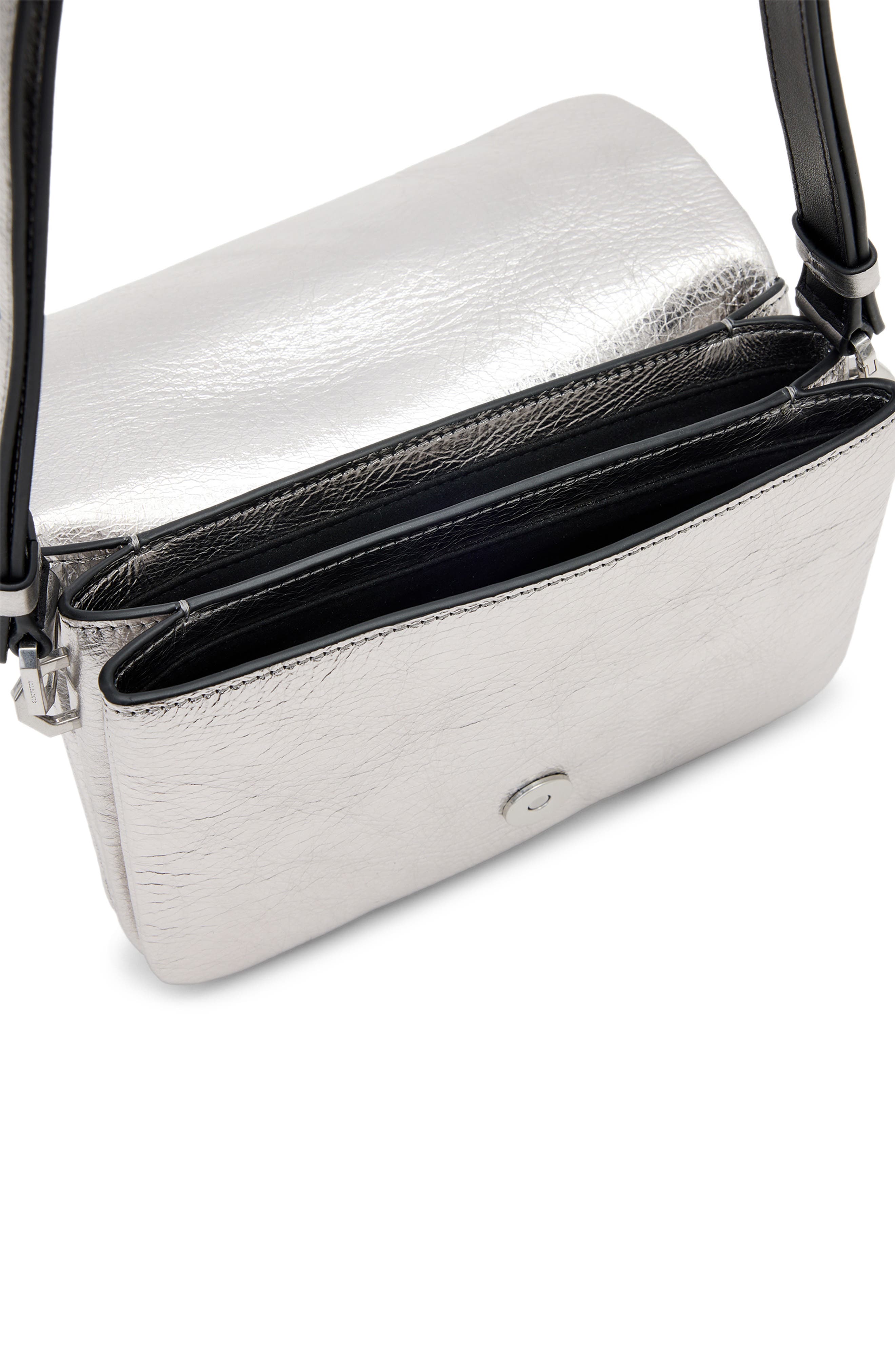 AllSaints Jupiter Metallic Leather Crossbody Bag, Alternate, color, Silver Crinkle
