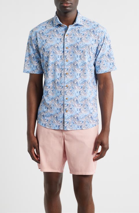 Otto Tropical Print Knit Short Sleeve Button-Up Shirt