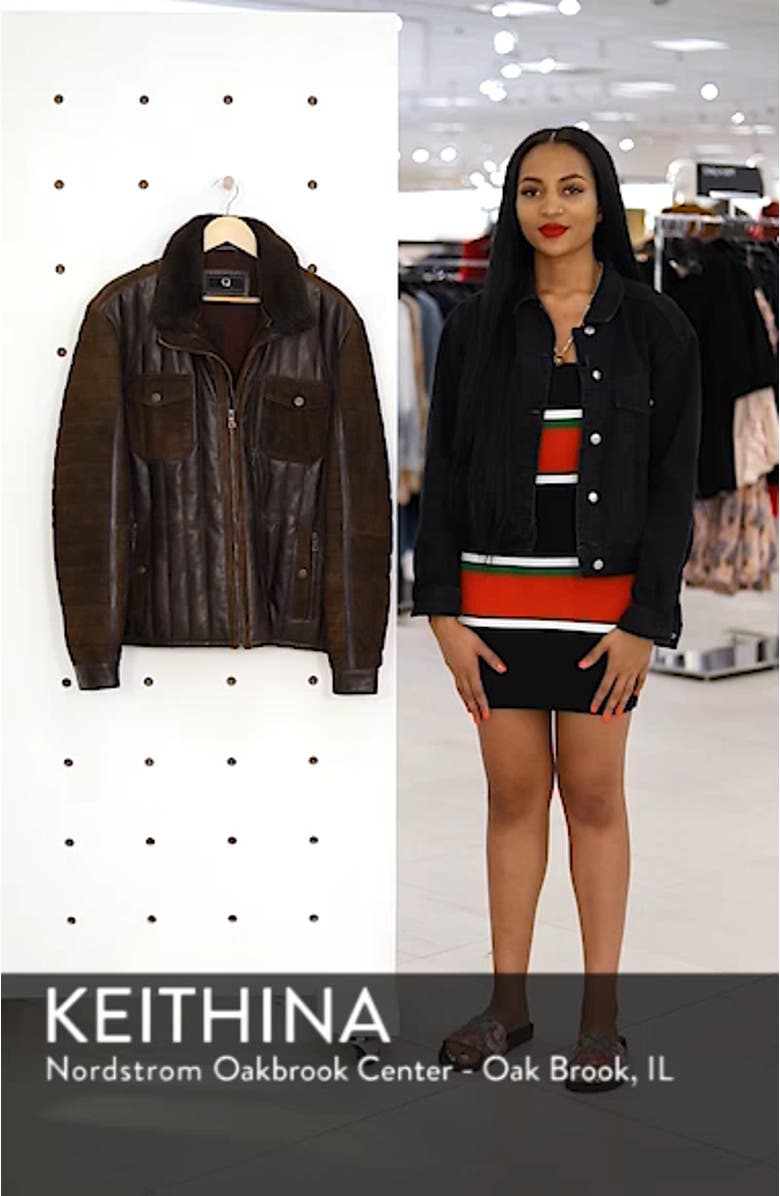 Genuine Shearling Trim Leather Bomber Jacket, sales video thumbnail