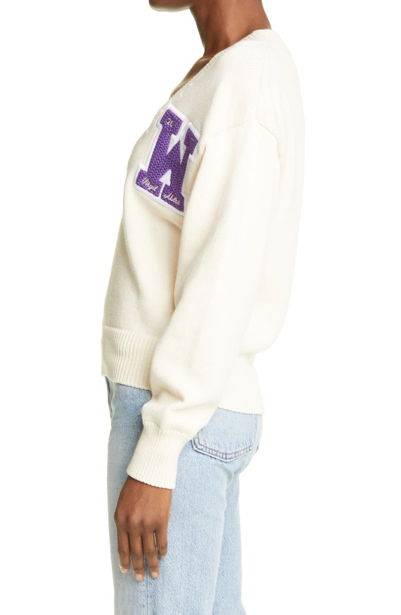 Off-White Varsity Logo V-Neck Cotton Blend Sweater, Alternate, color, 