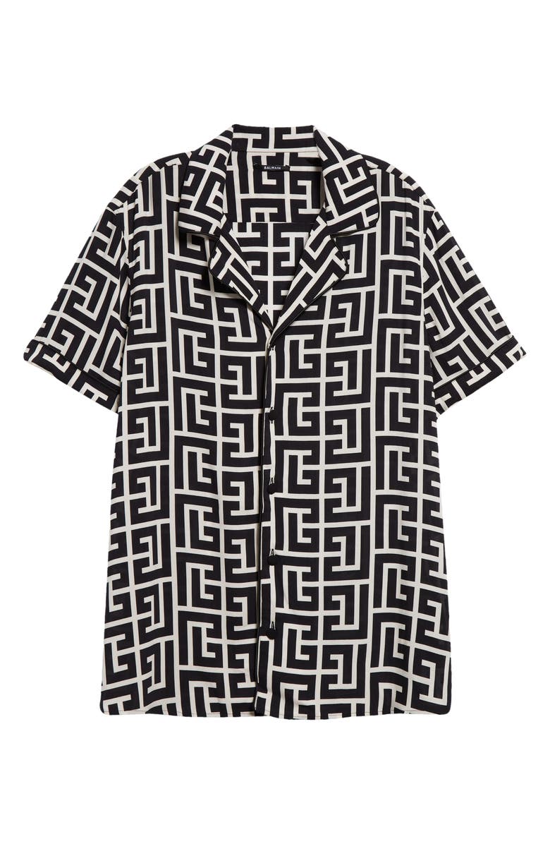 Balmain Macro Monogram Short Sleeve Pajama Shirt, Alternate, color, Ivory/ Black
