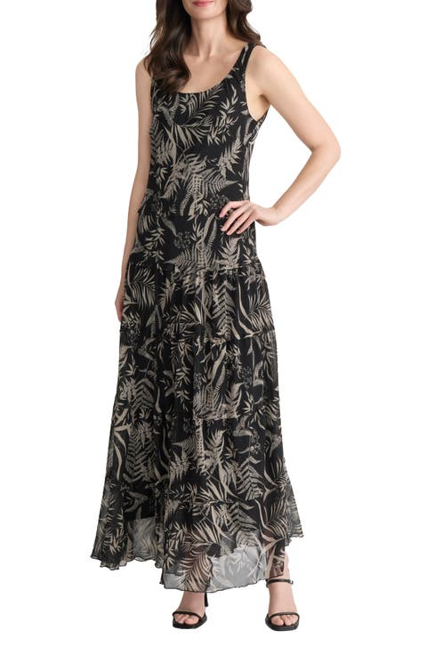 Botanical Print Chiffon Tiered Maxi Dress