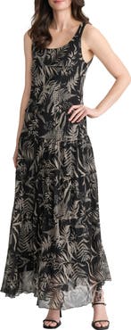 Jones New York Botanical Print Chiffon Tiered Maxi Dress