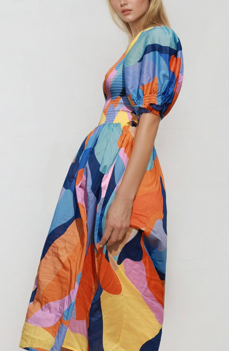 Jessie Zhao New York Tropical Love Smocked Midi Dress, Alternate, color, Blue