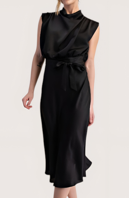 Modenaire Sleeveless Mock Neck Midi Dress With Waist Tie And Flared Hem In Black