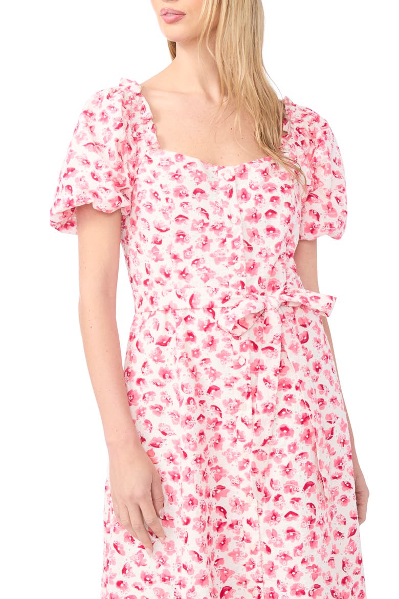 Floral Puff Sleeve Cotton Midi Dress, Alternate, color, ROSE CERISE