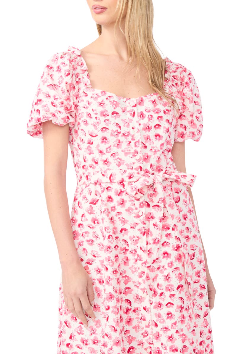 CeCe Floral Puff Sleeve Cotton Midi Dress, Alternate, color, Rose Cerise