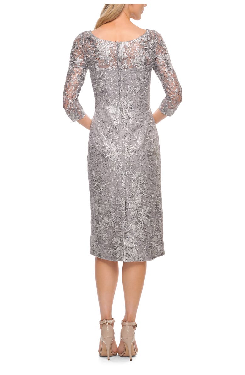 La Femme Fitted Metallic Lace Below-the-Knee Dress, Alternate, color, Silver