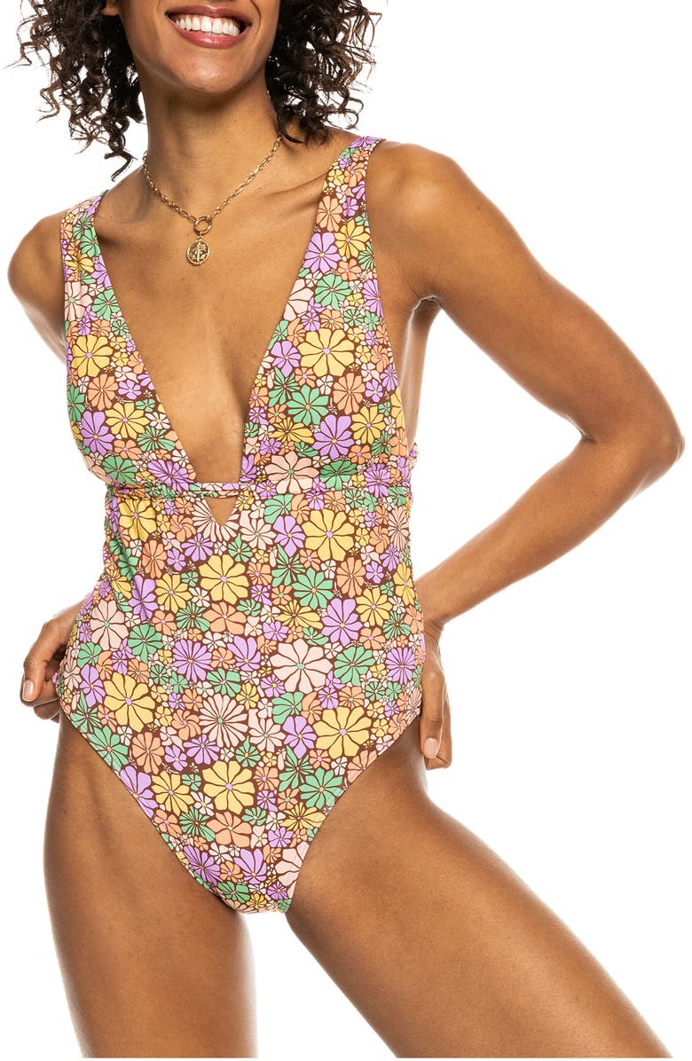 Roxy All Bout Sol One-Piece Swimsuit, Main, color, Root Beer
